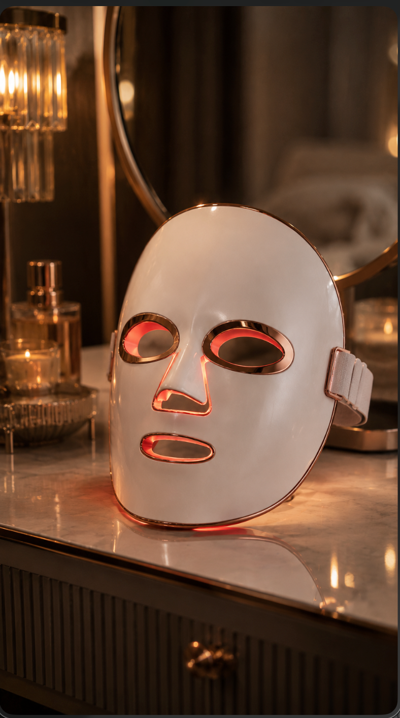 Aura Glow Pro white gold LED mask on vanity — luxury editorial