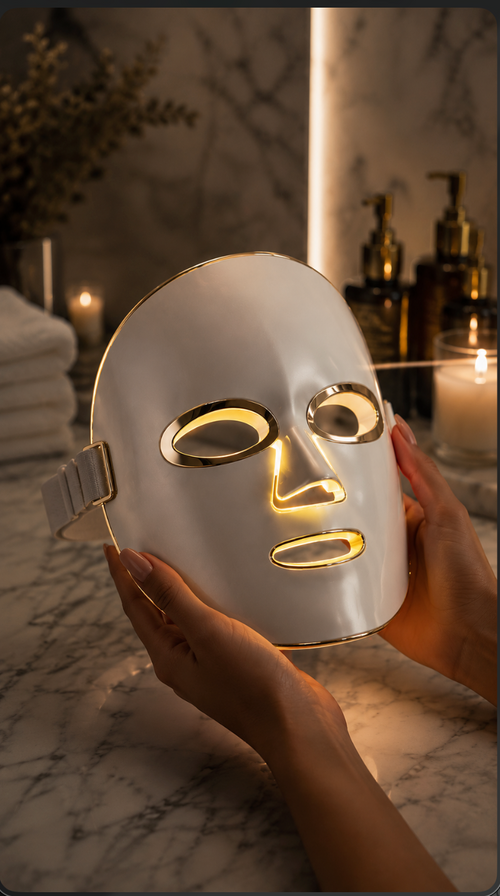 Hands holding Aura Glow Pro white gold LED mask — premium lifestyle