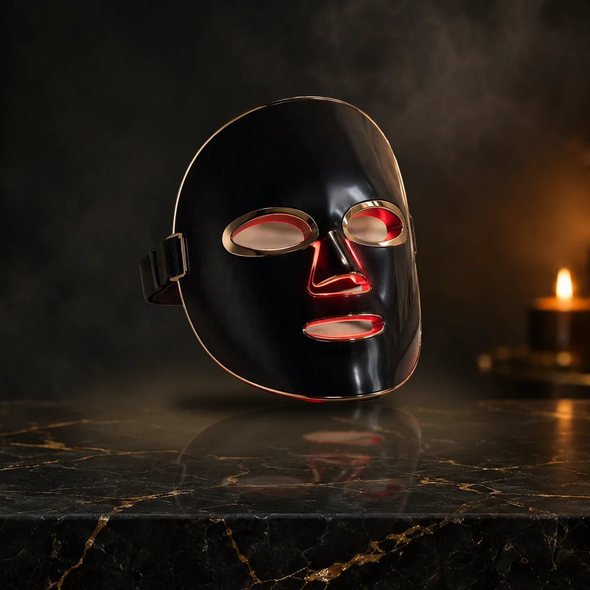Aura Glow Pro LED mask, black gold edge finish, on black marble vanity with candlelight
