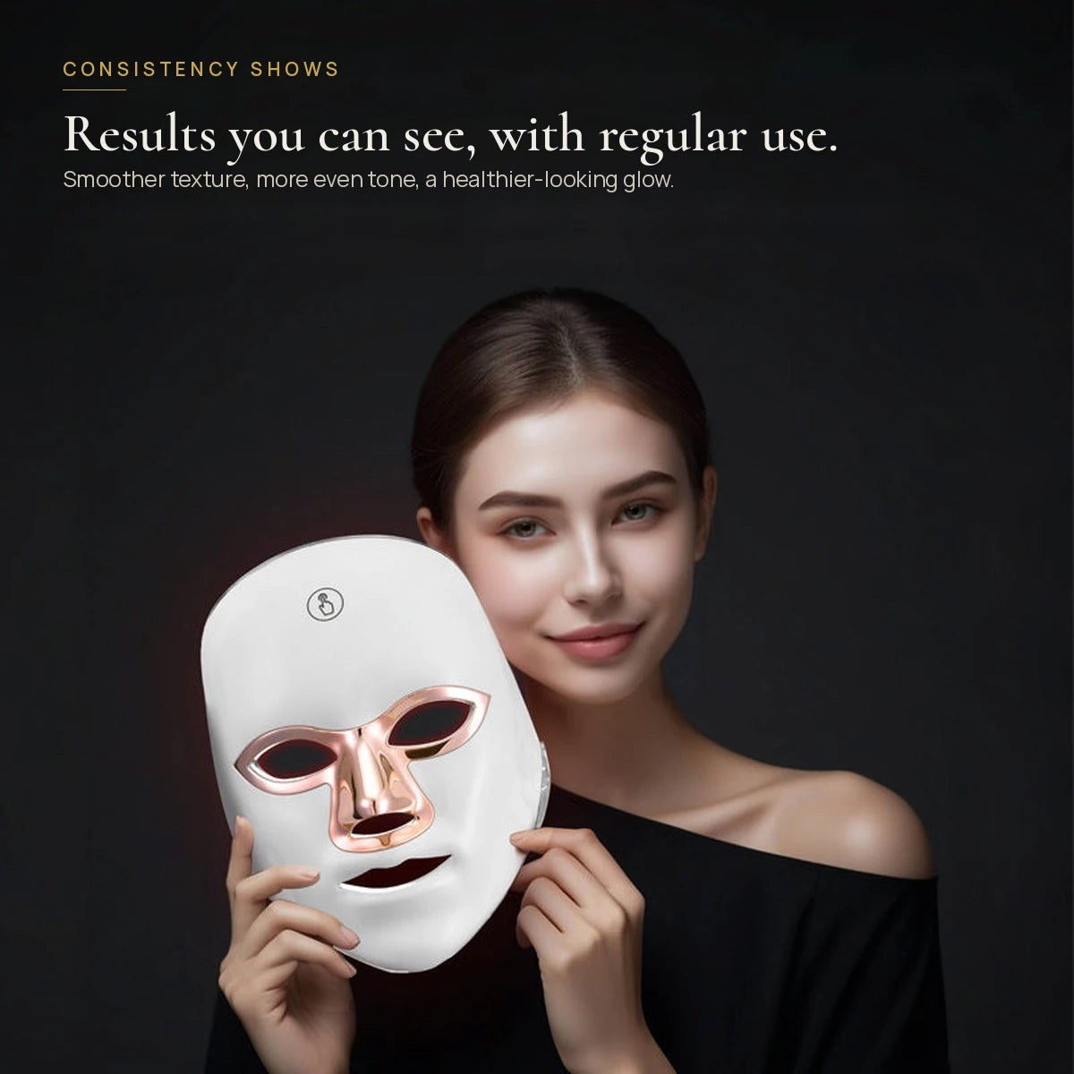 Woman holding Aura Glow Pro LED mask, visible results with regular use