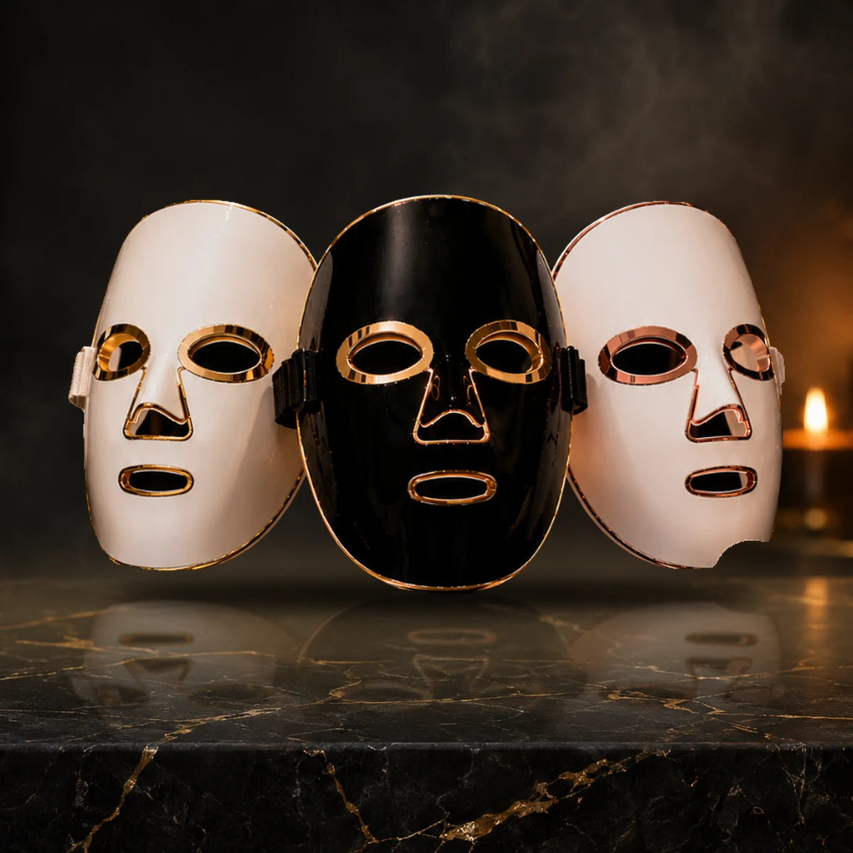 Aura Glow Pro LED mask in all three finishes: white gold, black gold, white rose gold