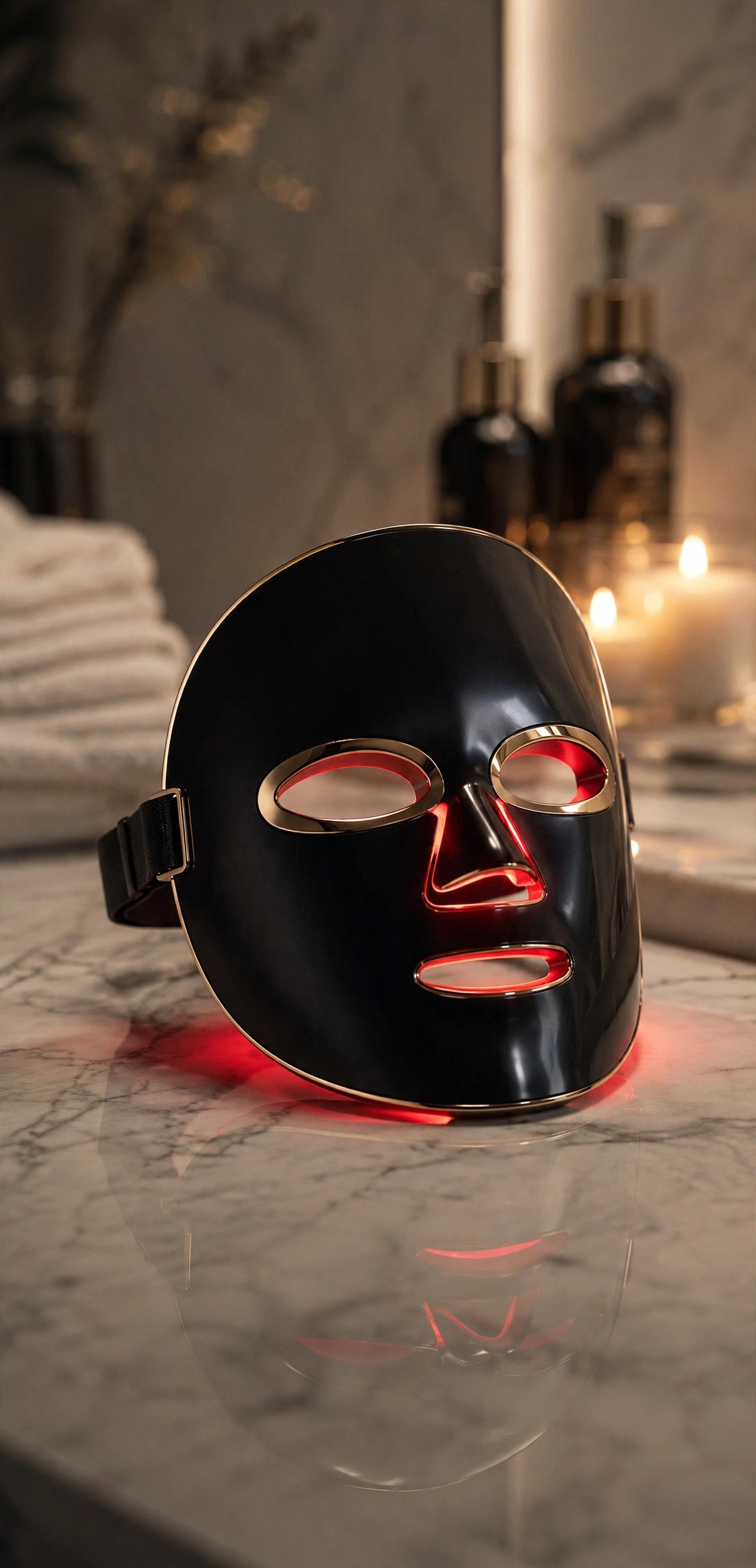Aura Glow Pro LED mask on marble counter — premium hero product shot