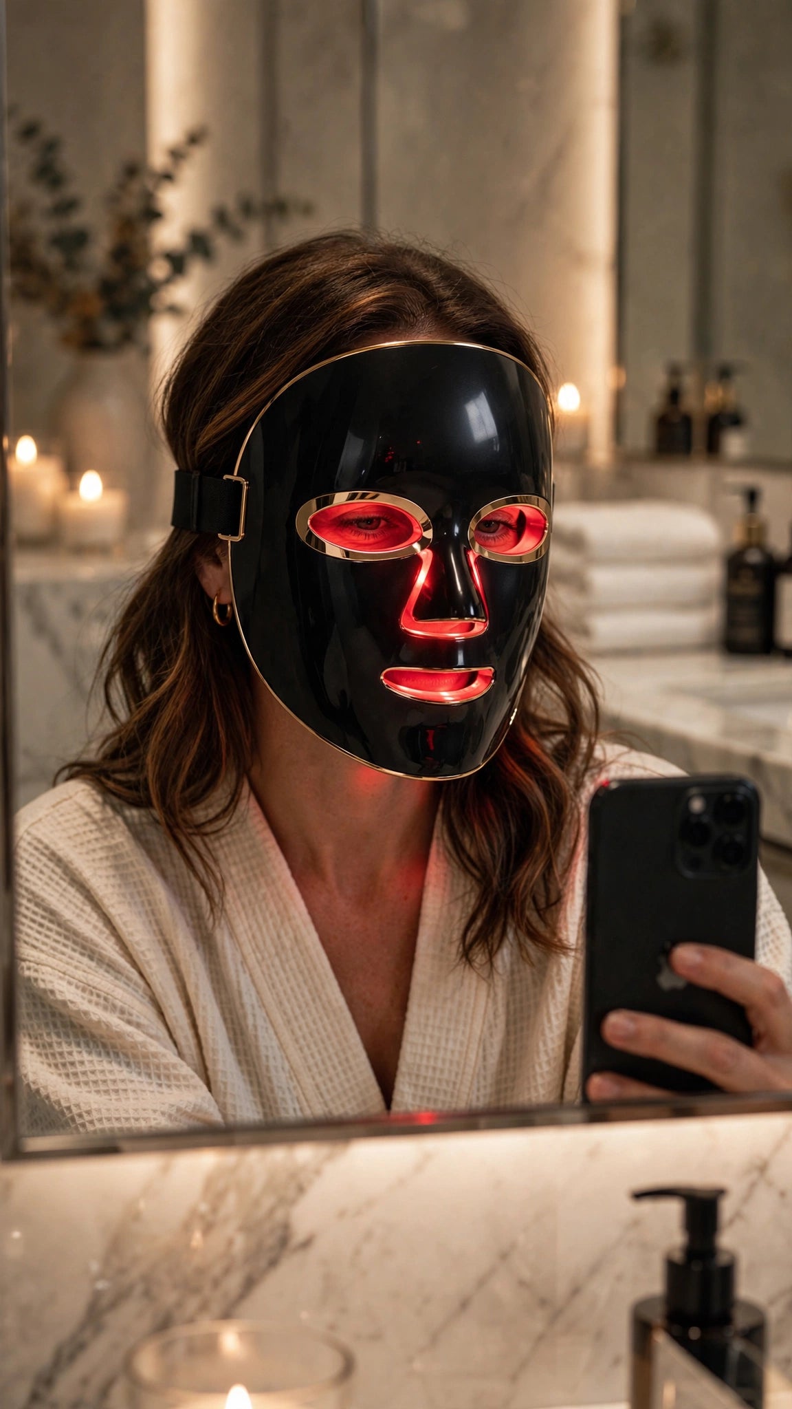 Woman wearing Aura Glow Pro LED mask — mirror selfie lifestyle shot