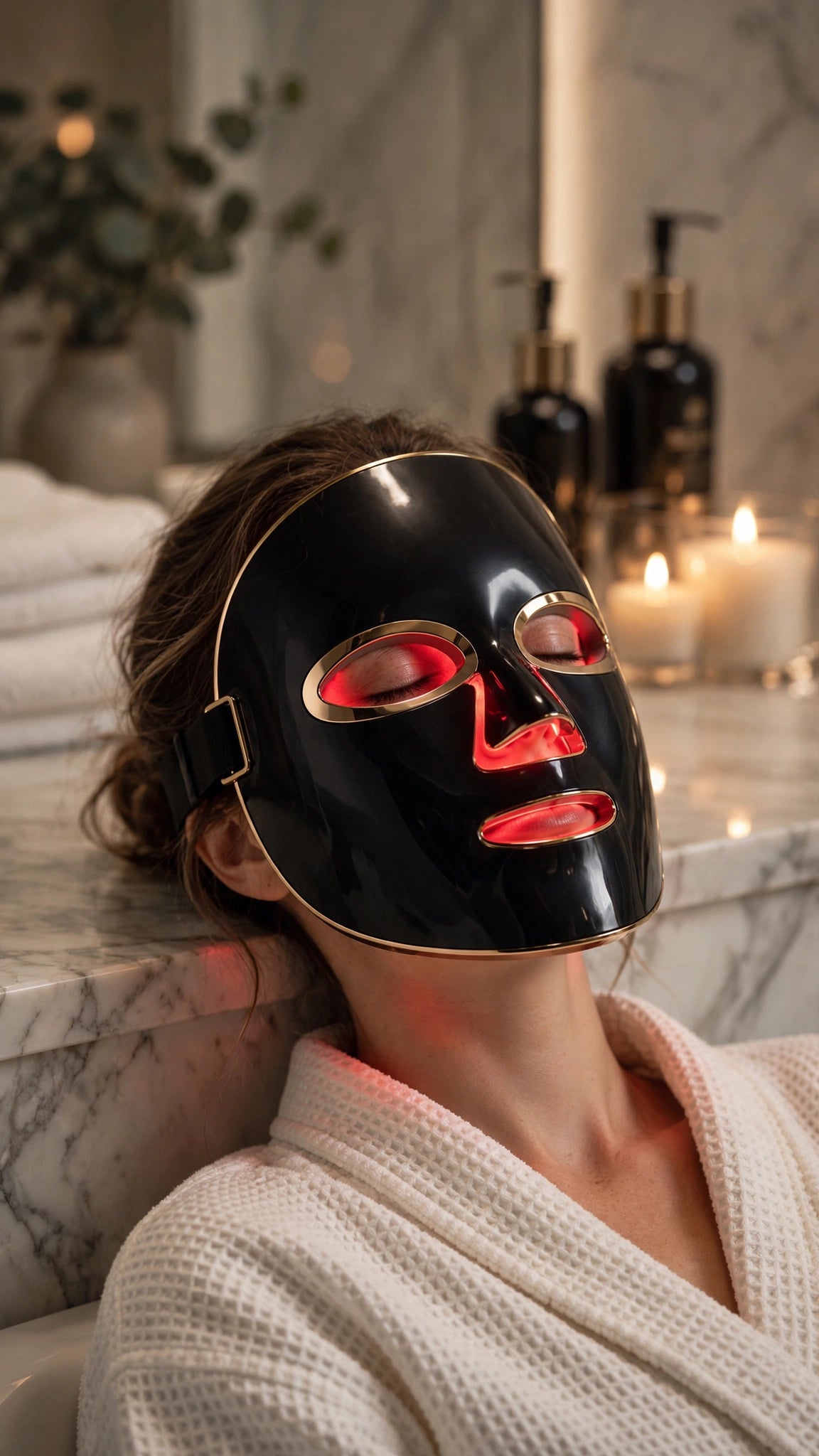 Woman reclining wearing Aura Glow Pro LED mask — spa ritual lifestyle